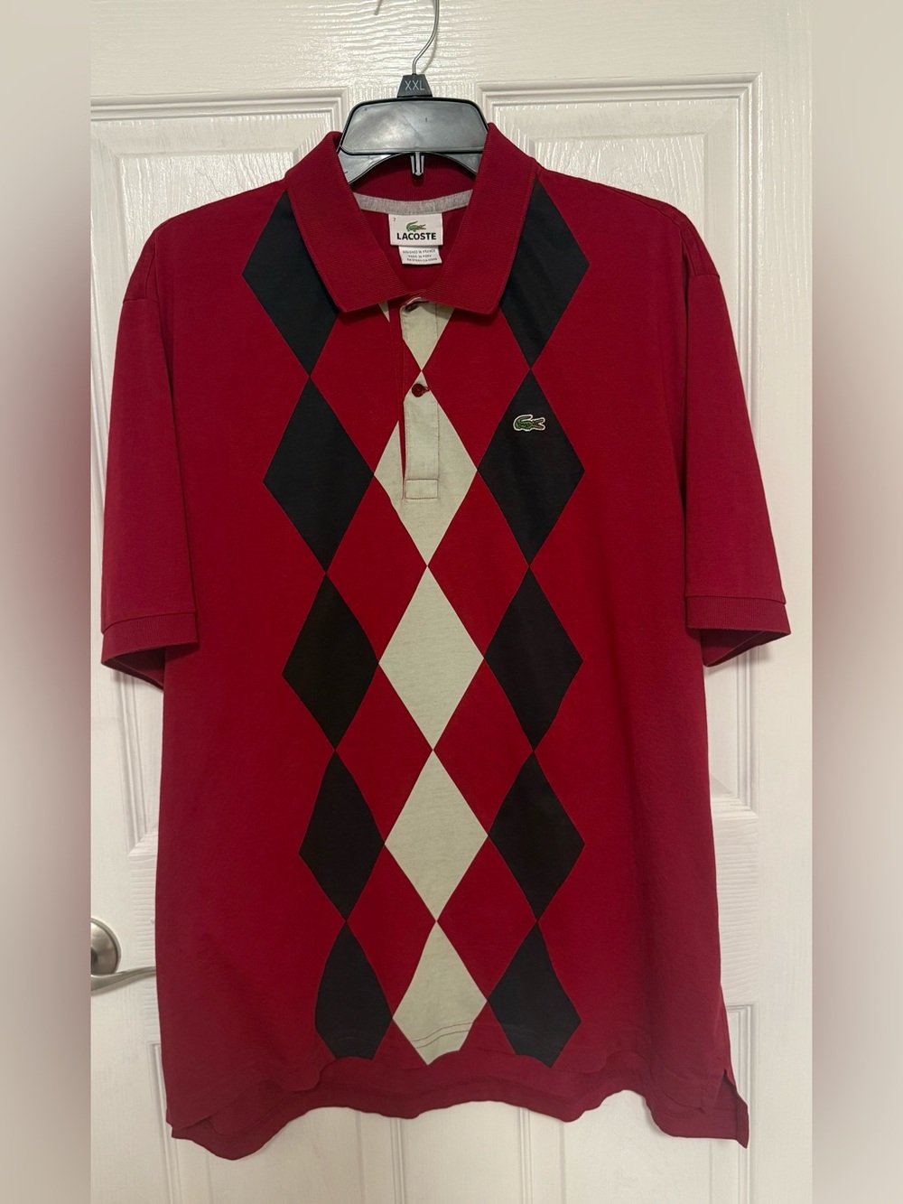 Lacoste Polo Shirt Mens 2XL Red Argyle Diamond Front Short Sleeve Cotton Logo